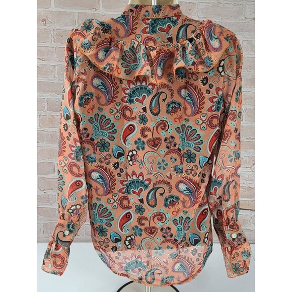 Polo Bonetta Long Sleeve Blouse Ruffle Fall Colors Glitter Buttons Women S/M New - Picture 5 of 12